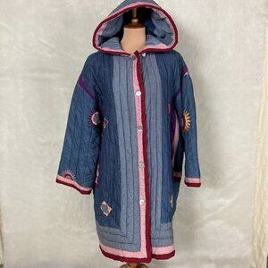 Vintage 80s 90s Denim Hooded Sun Embroidered Patchwork Denim Quilted Jacket L